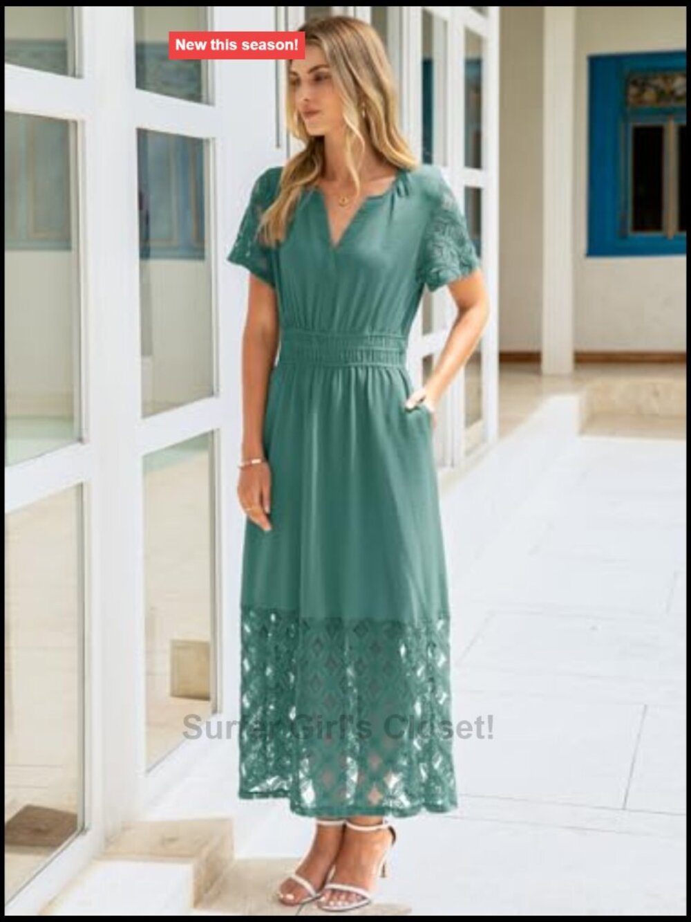 Boho Maxi Dress V Neck Empire Waist Long Flowy with Pockets Short Sleeve - Picture 4 of 7